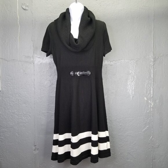 Eliza J Sweater Dress Women's M Black White Cowl Neck Knit Stripe Short Sleeve - Picture 1 of 15